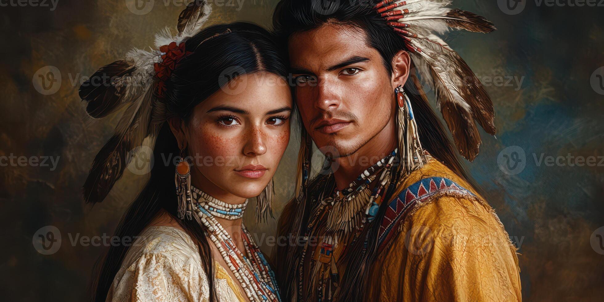 Couple in traditional Native American attire pose against a neutral background during an artful portrait session photo