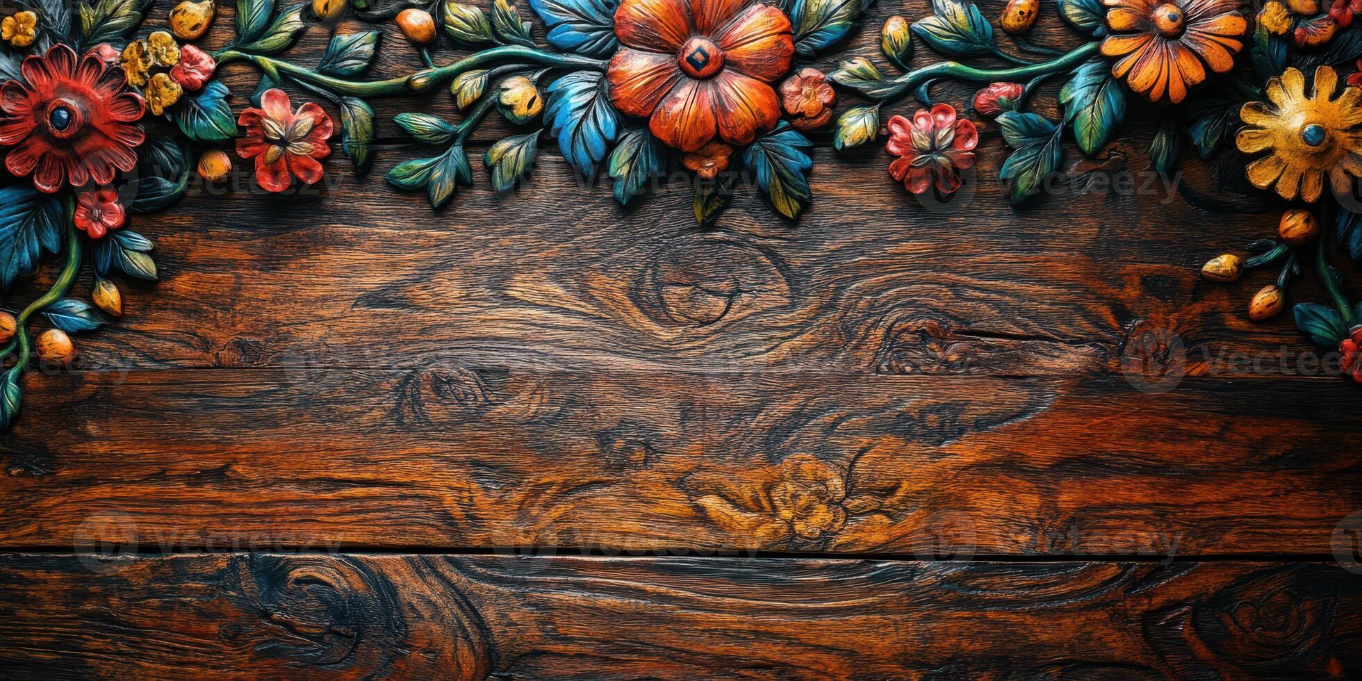 Decorative floral wood carving with vibrant colors displayed against a rustic wooden background photo