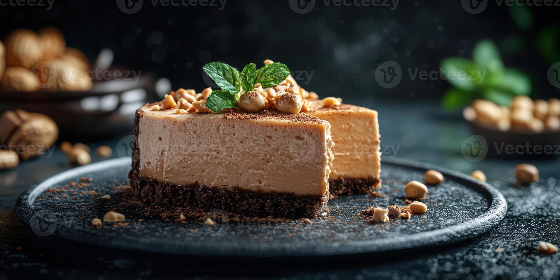 Delicious cheesecake dessert topped with nuts and mint leaves served on a dark stone plate, perfect for a sweet indulgence photo