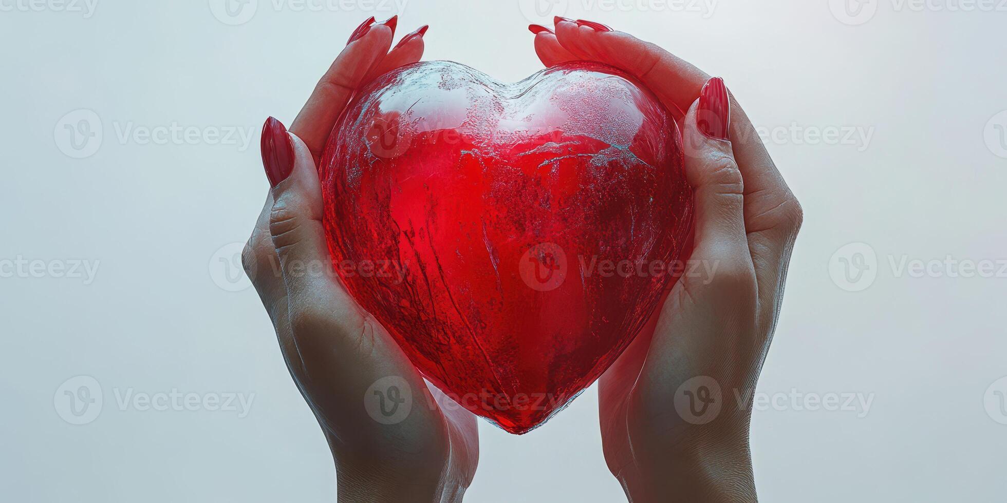 Hands hold a translucent red heart shaped ice sculpture, capturing the essence of love and emotion photo