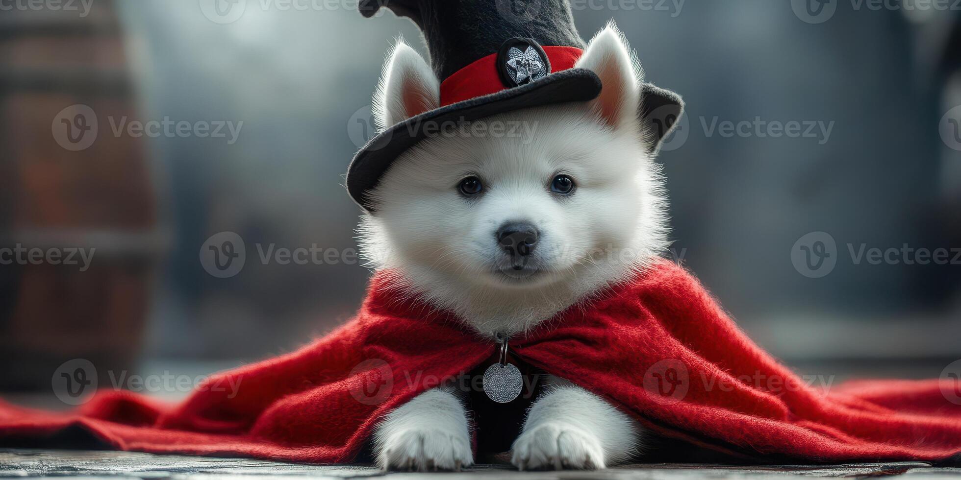 Cute puppy dressed as a vampire in a dark environment with a hat and cape photo