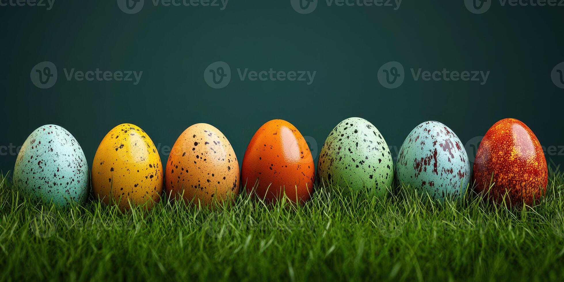 Colorful decorative eggs arranged on green grass for spring celebrations in a cheerful setting photo