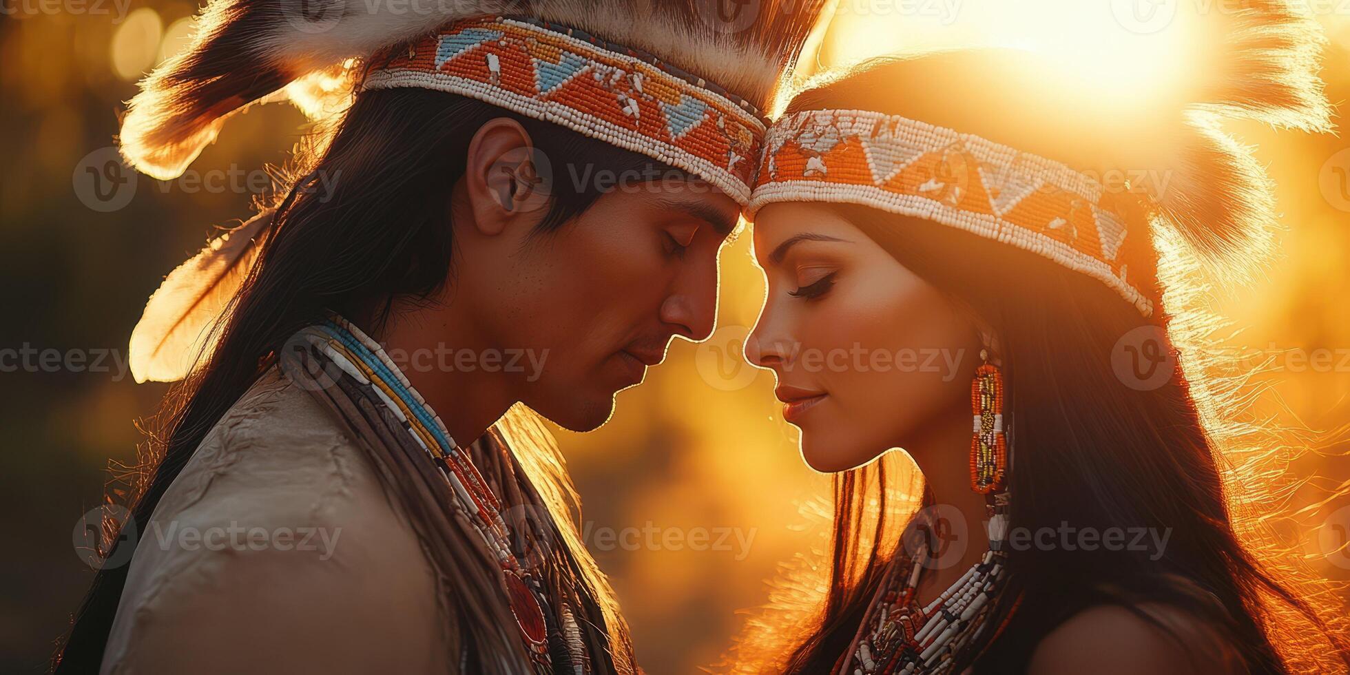 Couple wearing traditional Native American attire during sunset ceremony in nature setting photo