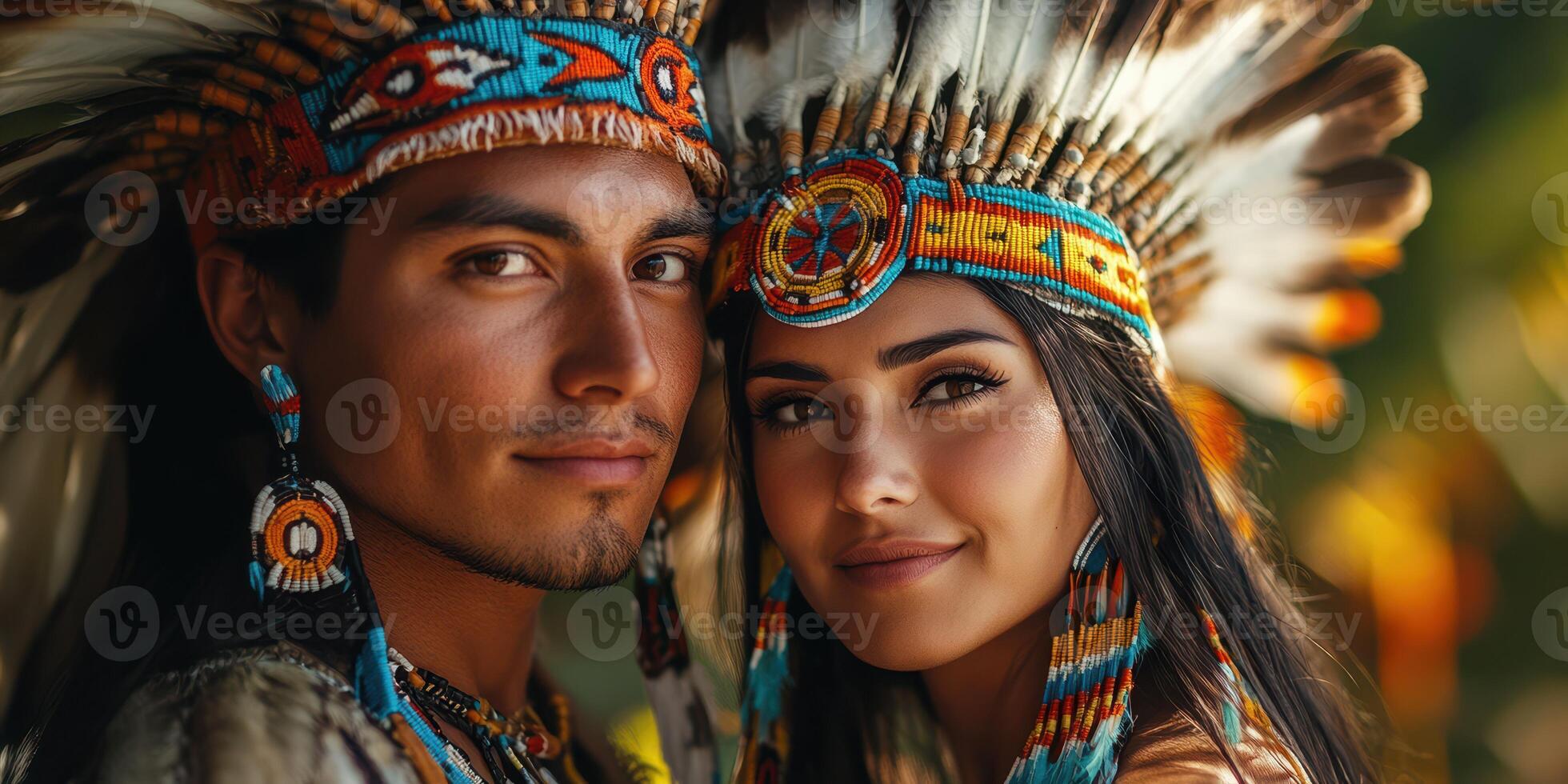 Young couple dressed in traditional Native American attire with vibrant feathered headdresses outdoors during daylight photo