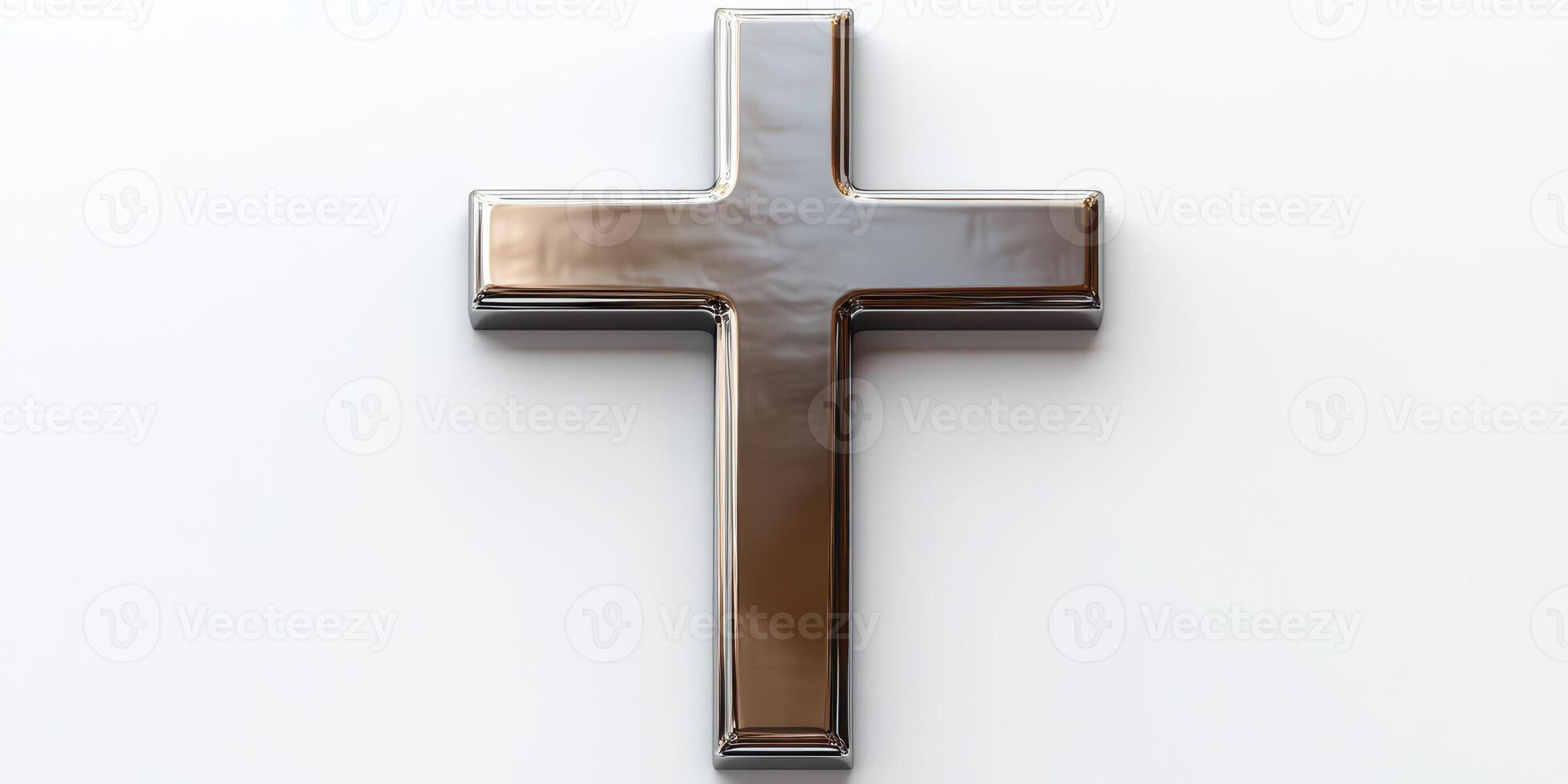 Metal cross displayed against a simple white background highlighting its reflective surface and elegant design photo