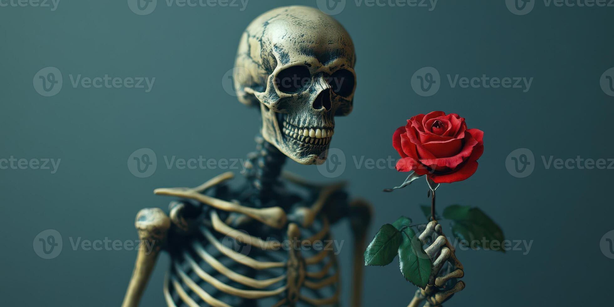 Skeleton holding a red rose in a serene setting evokes themes of love and mortality photo