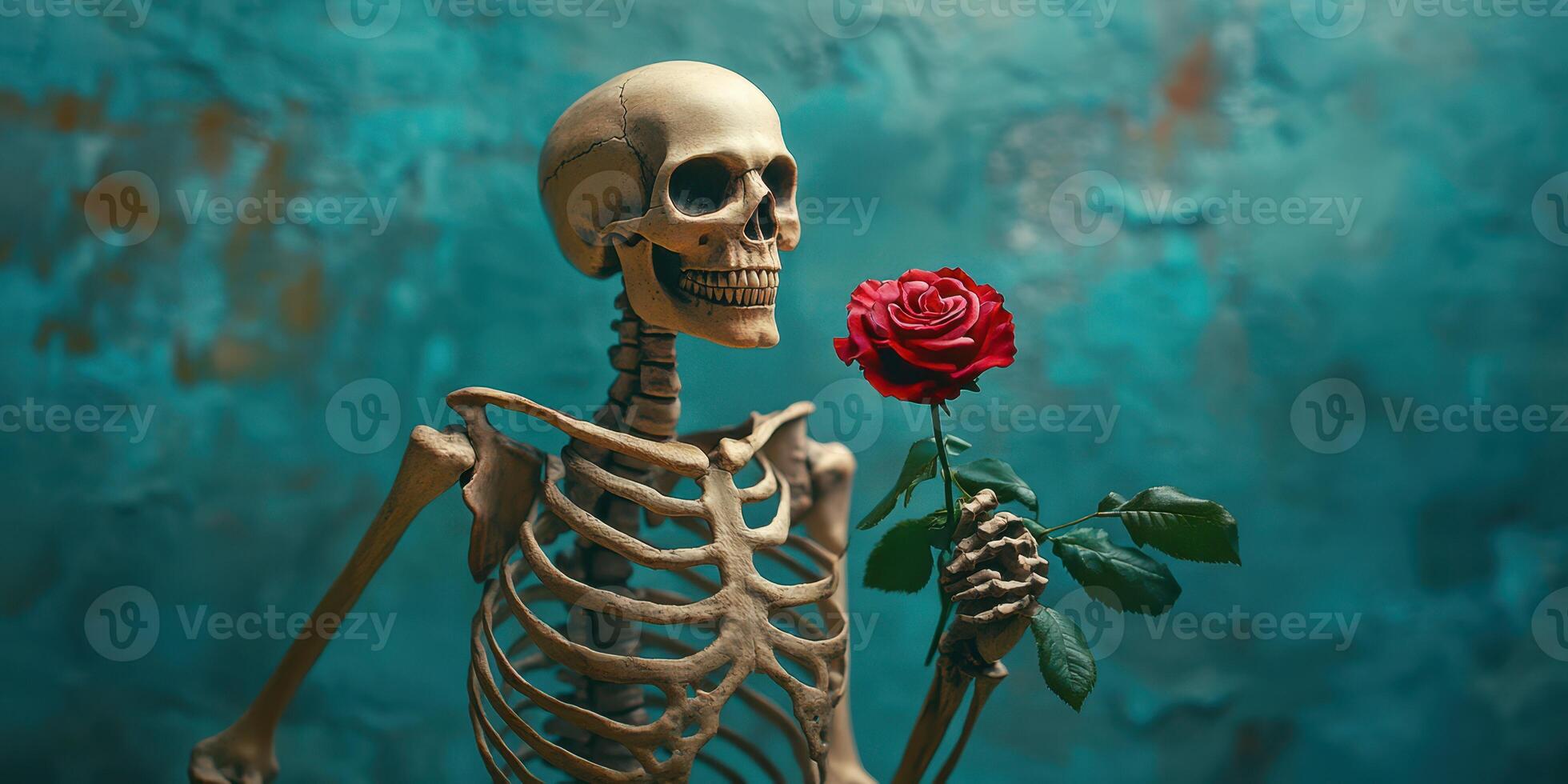 Skeleton holding a red rose against a textured teal background in a creative and artistic setting photo