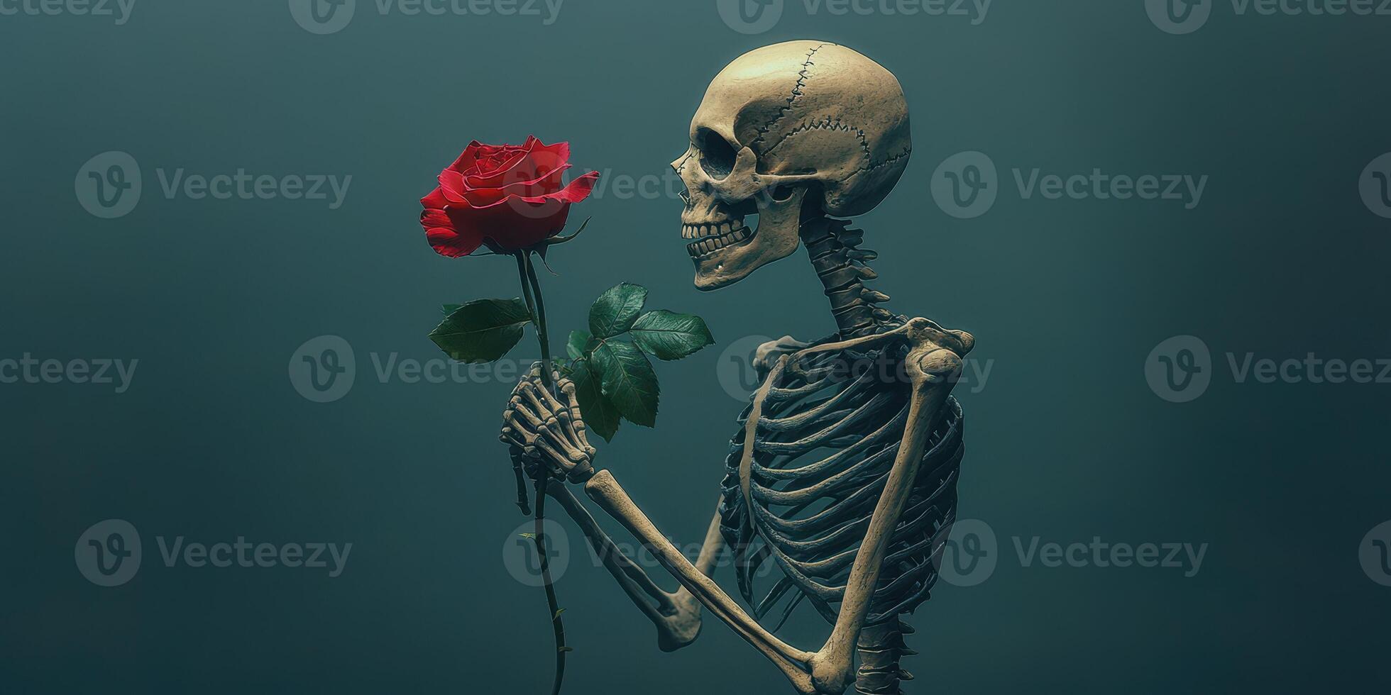 Skeleton holding a red rose in a moody atmosphere with a dark background photo