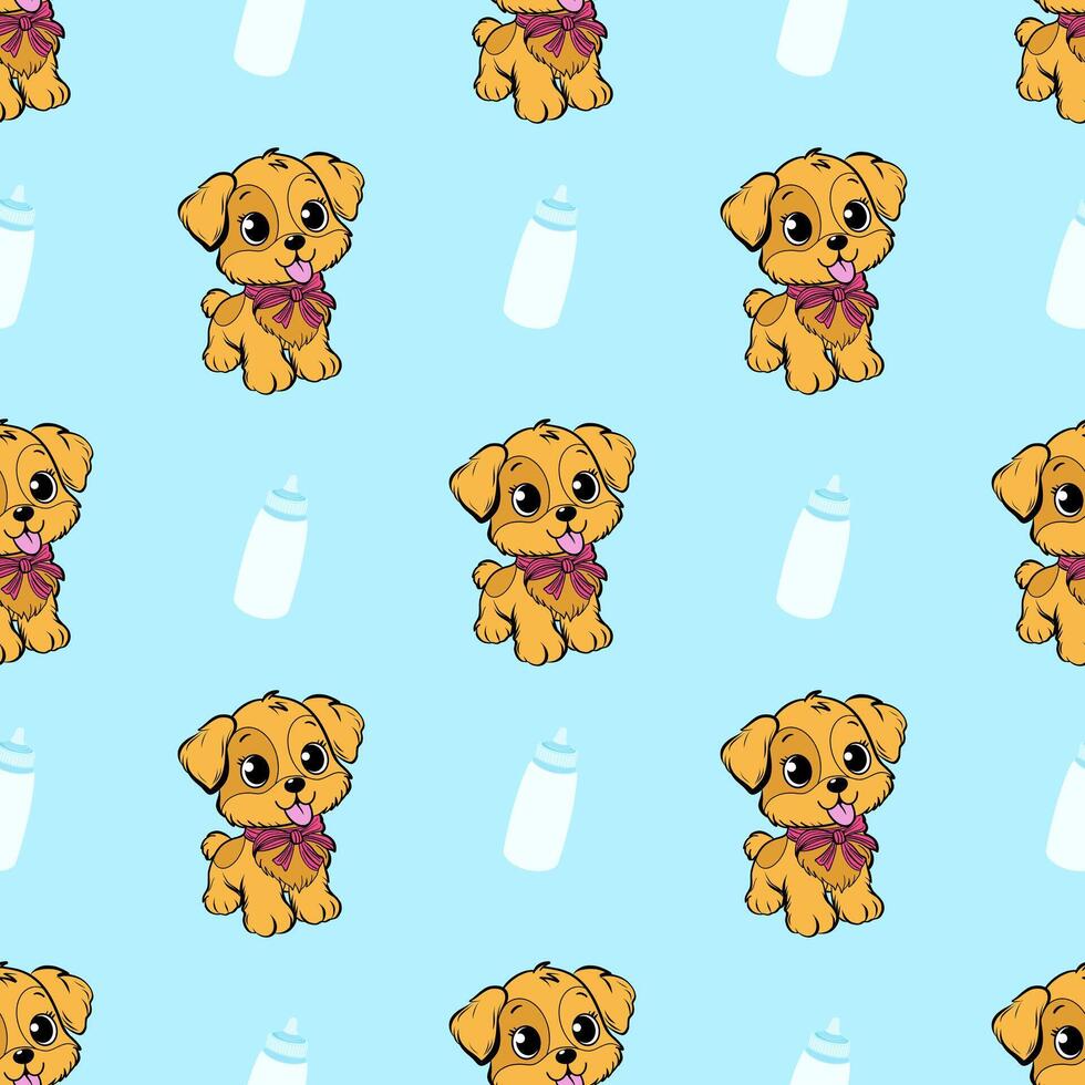 Seamless animal pattern. Adorable cartoon puppies with bows, baby bottles. For children's products or environments. vector