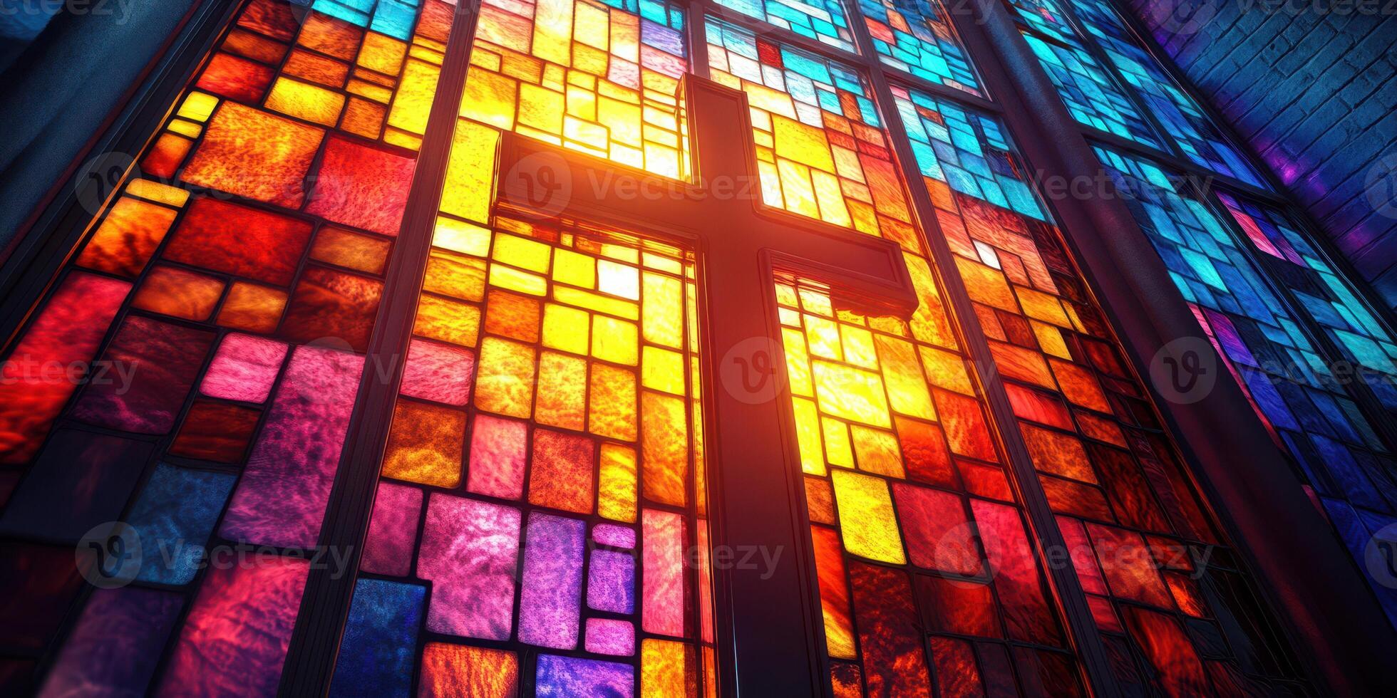 Vivid stained glass windows illuminate the interior of a church with a large cross during sunset photo