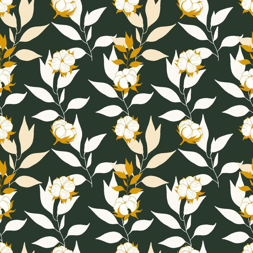 Elegant seamless pattern with cotton flowers and leaves on a green background. Perfect for textile design, wallpapers, packaging, and stationery. vector