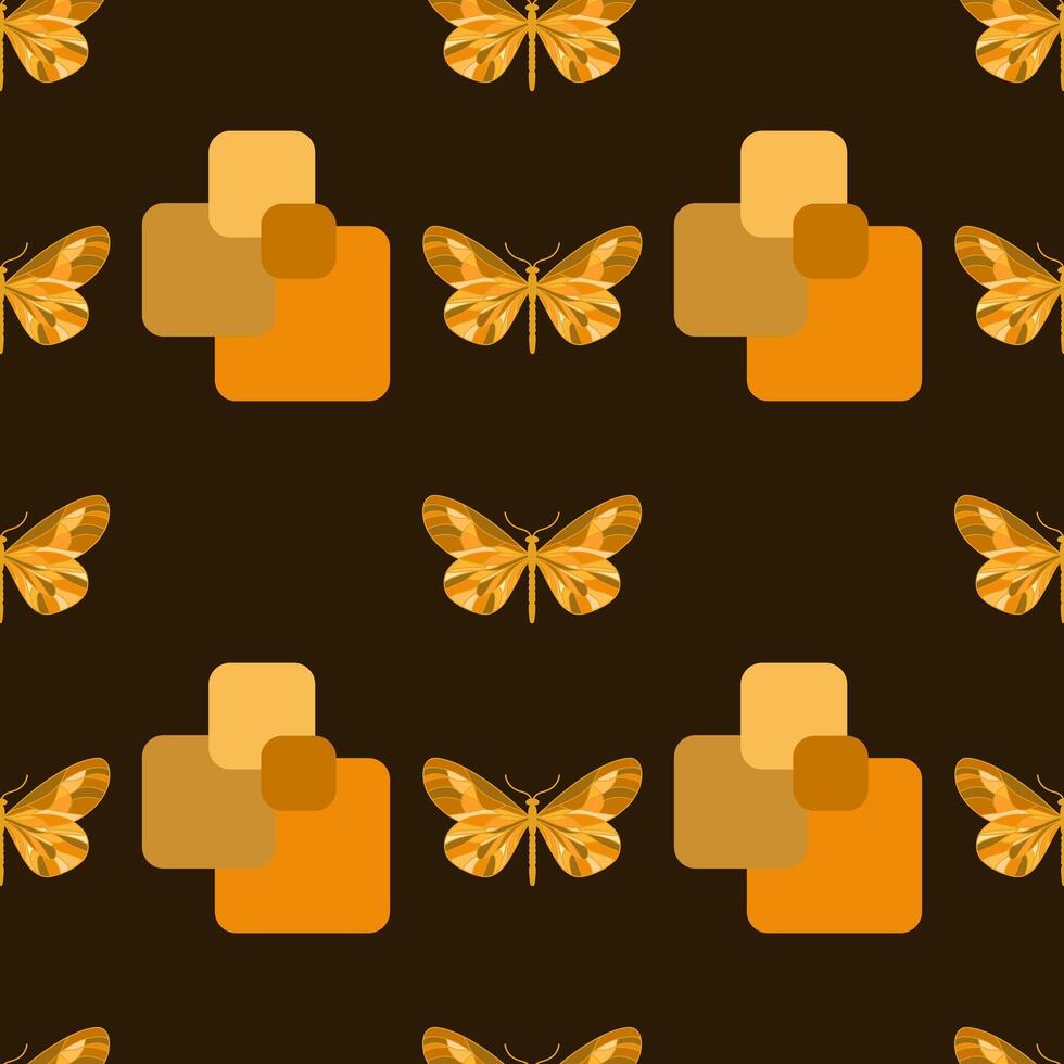 Seamless pattern with golden butterflies and geometric shapes on a brown background. Elegant, modern, and stylish design, ideal for textiles, wallpapers, and decor vector