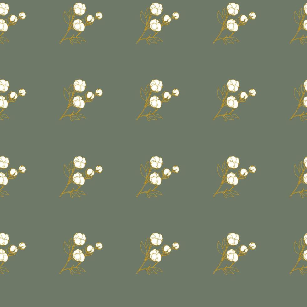 Seamless pattern with delicate hand-drawn cotton flowers on a green background. Perfect for fabric, wallpaper, wrapping paper, and stationery. vector
