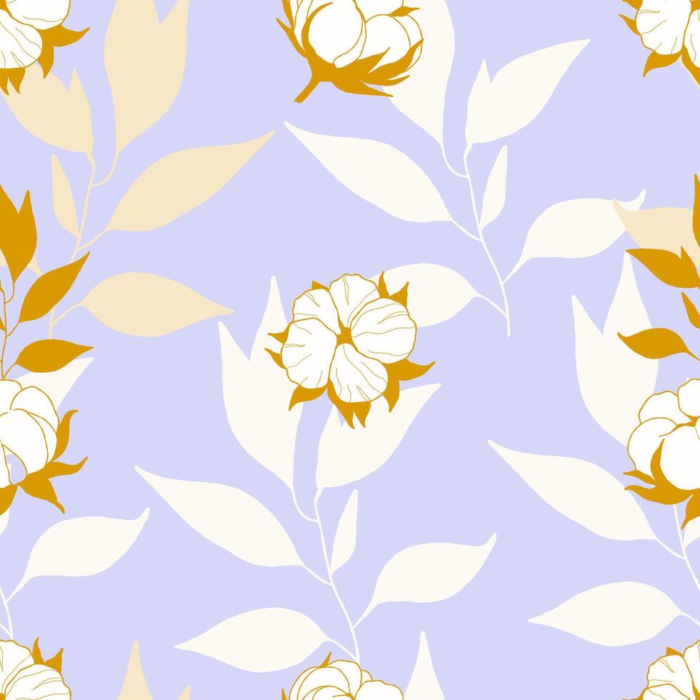 seamless pattern with cotton and leaves vector