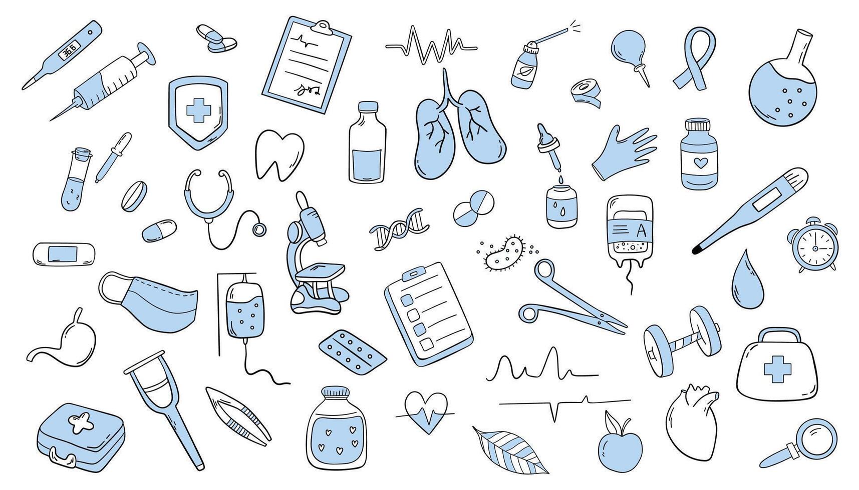 Hand drawn doodles, isolated objects. Healthcare and medicine illustration. vector
