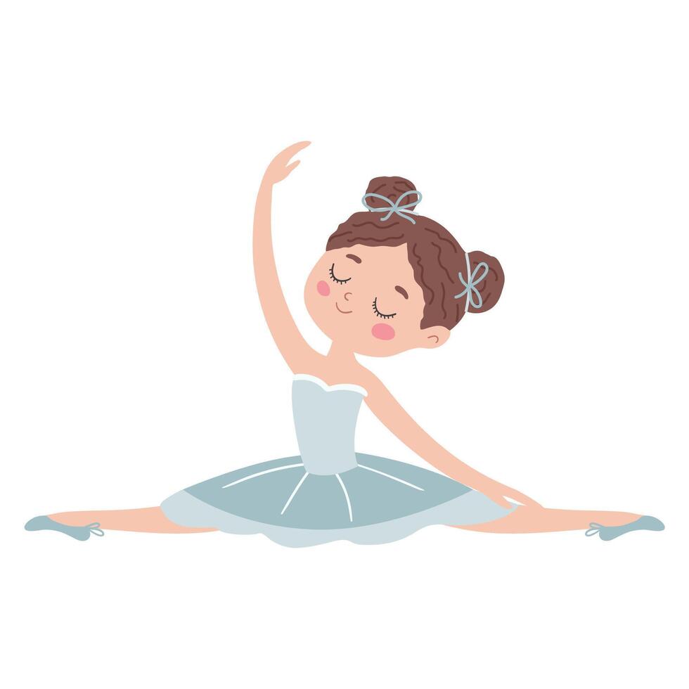 WebCute little ballerina in a white tutu. Stretching, girl doing the twine. Cute illustration in a childish style. illustration. vector