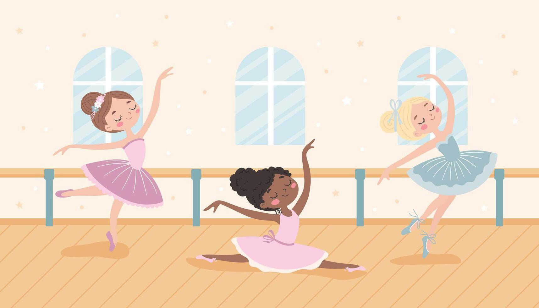 Cute little ballerinas in ballet class. Ballet school. illustration vector