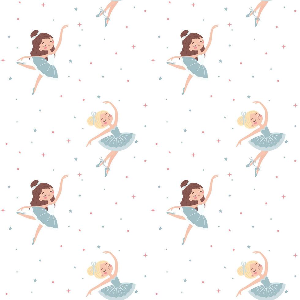 Seamless pattern in children's style Cute ballerina and stars on white background vector