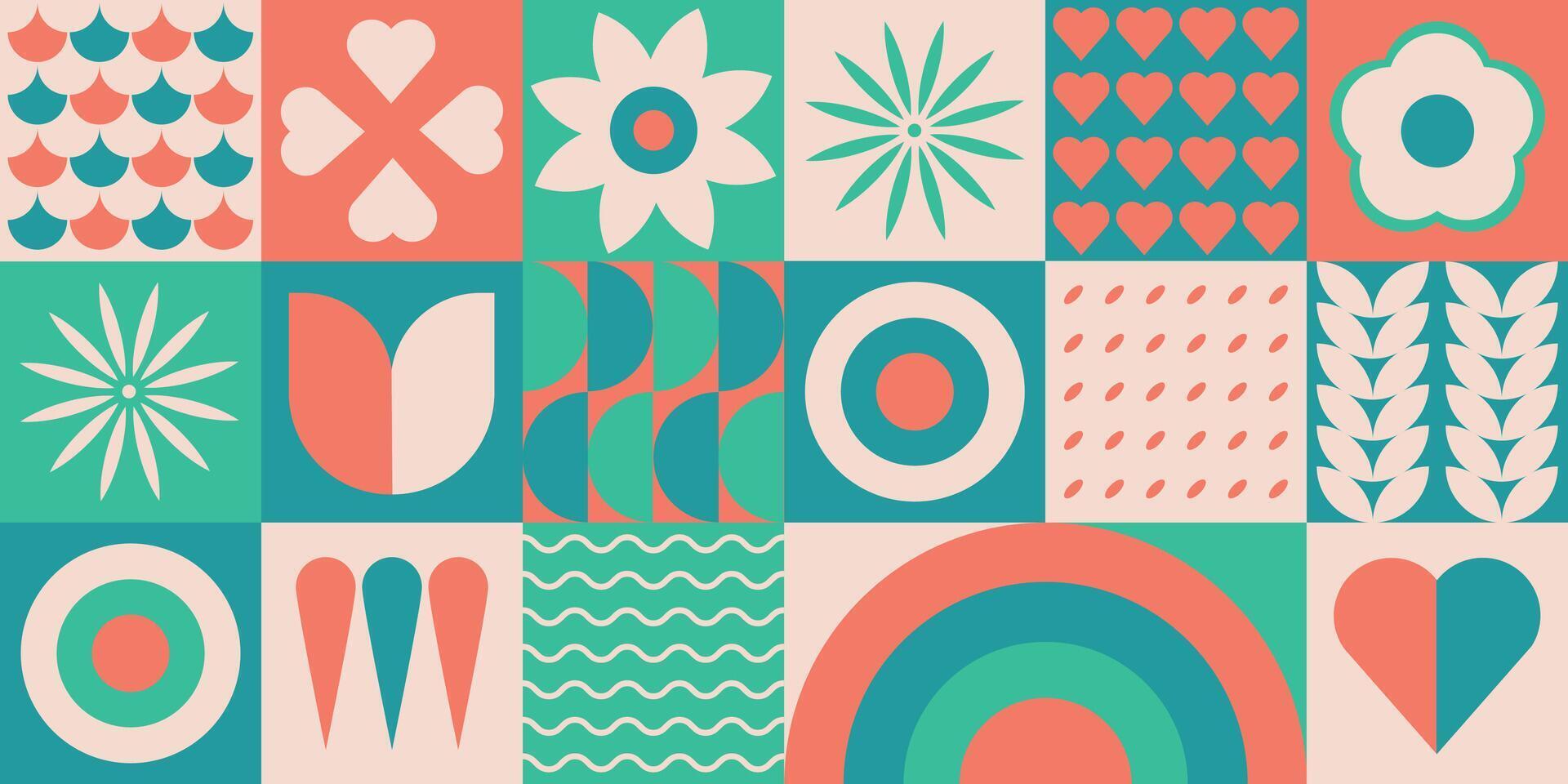 Geometric wallpaper with simple geometric shapes and figures and symbols. Retro banner with forms and flowers. illustration. vector