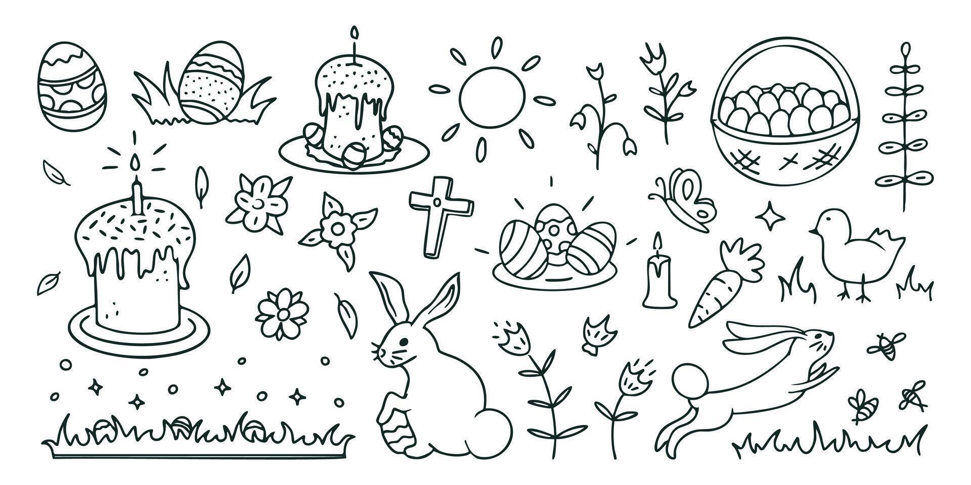 Easter doodles and scribbles, cute drawings of the holiday symbols, rabbits and cakes, decorated eggs, plants and flowers. illustration, line art. vector