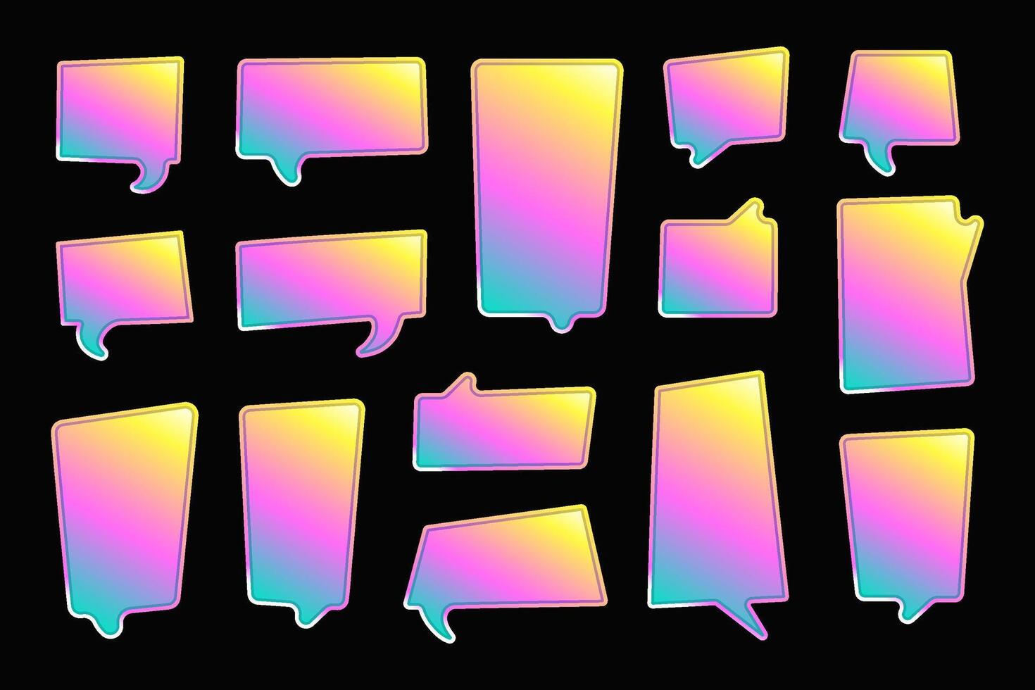 Gradient bright text boxes and speech bubbles, bold frames, stickers and backgrounds for text. Comic design elements. vector