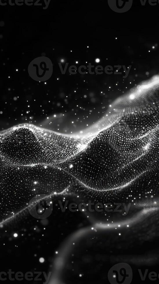 Dynamic wave of particles and light in a black and white abstract representation of energy and motion photo