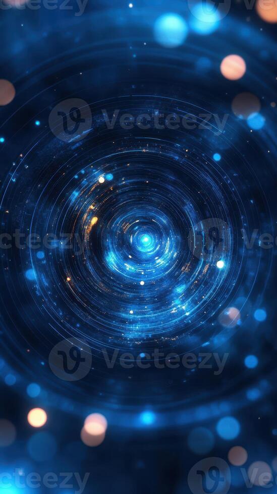 Deep blue abstract swirls create a cosmic tunnel effect with glowing lights and vibrant energy photo
