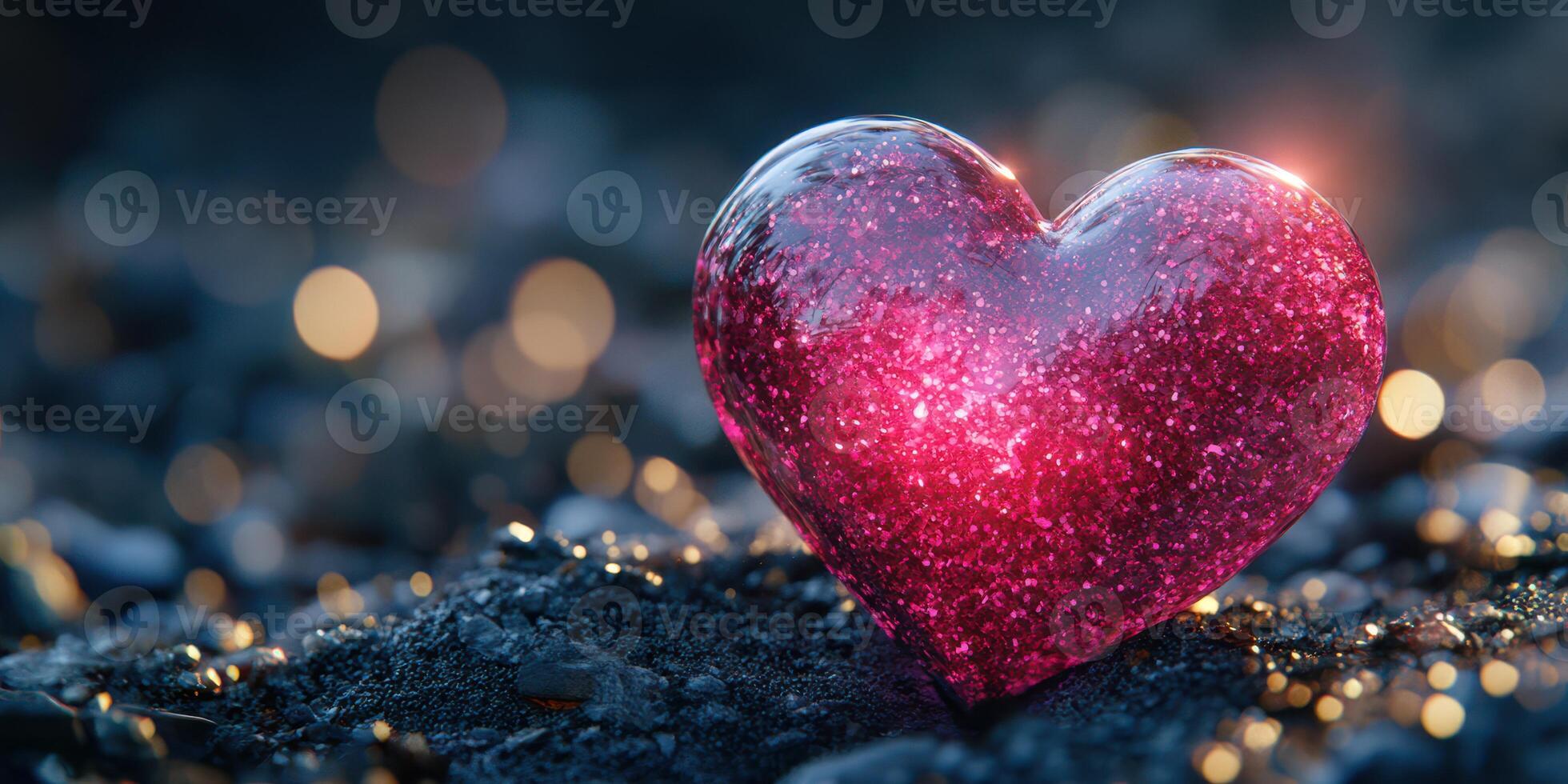 Glittering pink heart on a dark surface with soft bokeh background during evening light photo