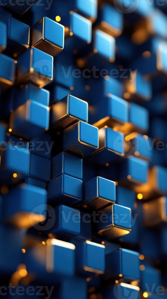 Dynamic arrangement of blue metallic cubes reflecting light in an abstract pattern photo
