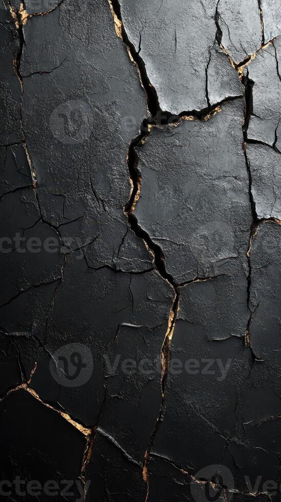 Cracked black surface revealing golden layers beneath in an artistic display of texture and contrast photo
