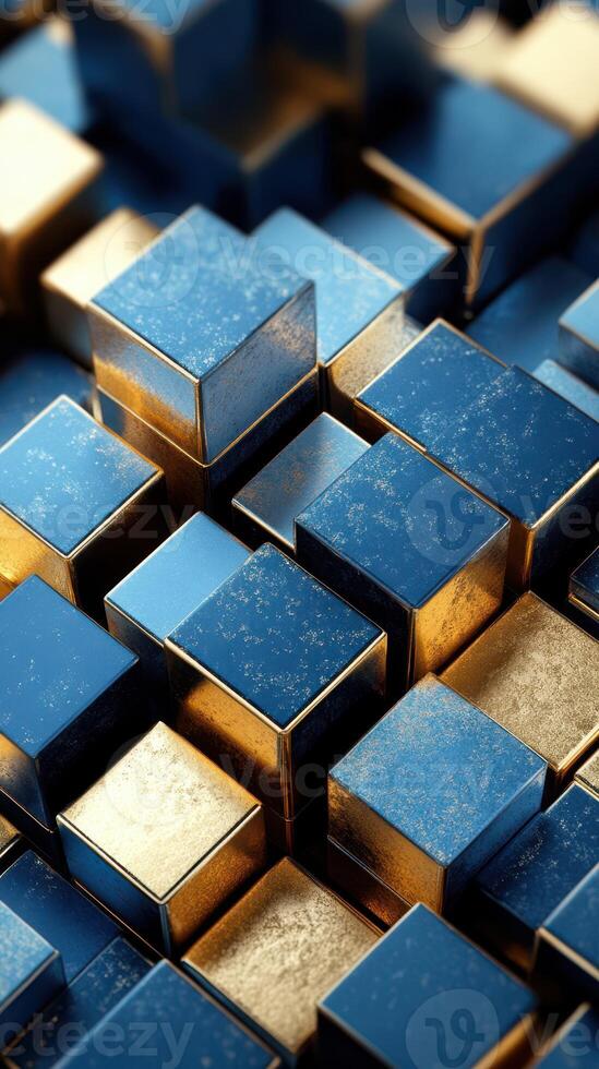 Colorful arrangement of blue and gold cubes creating a striking abstract design in a close-up view photo