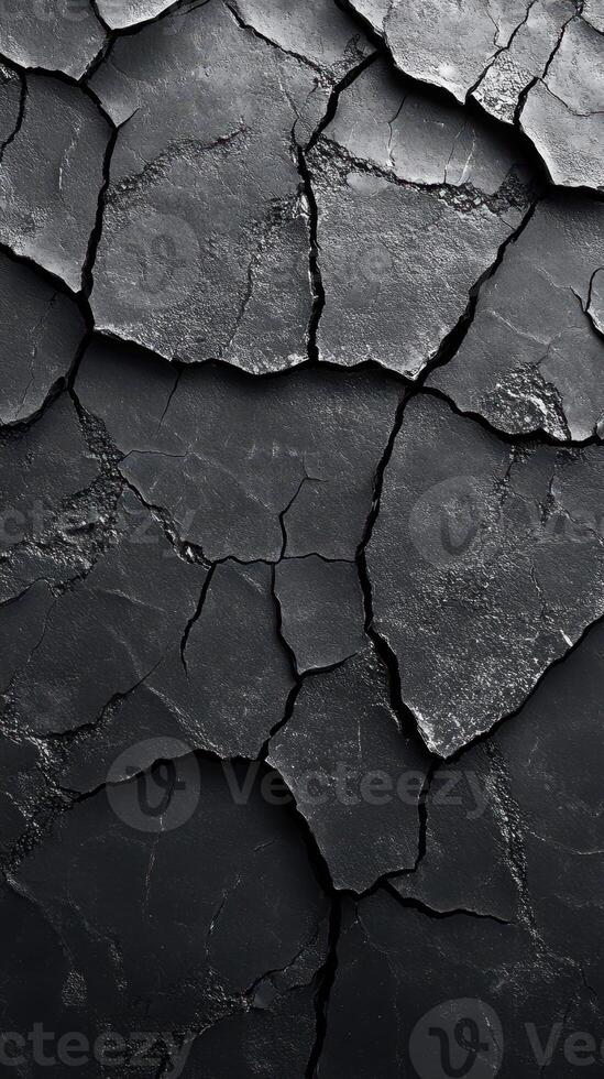 Cracked black surface revealing intricate patterns and textures in natural stone formation under close observation photo