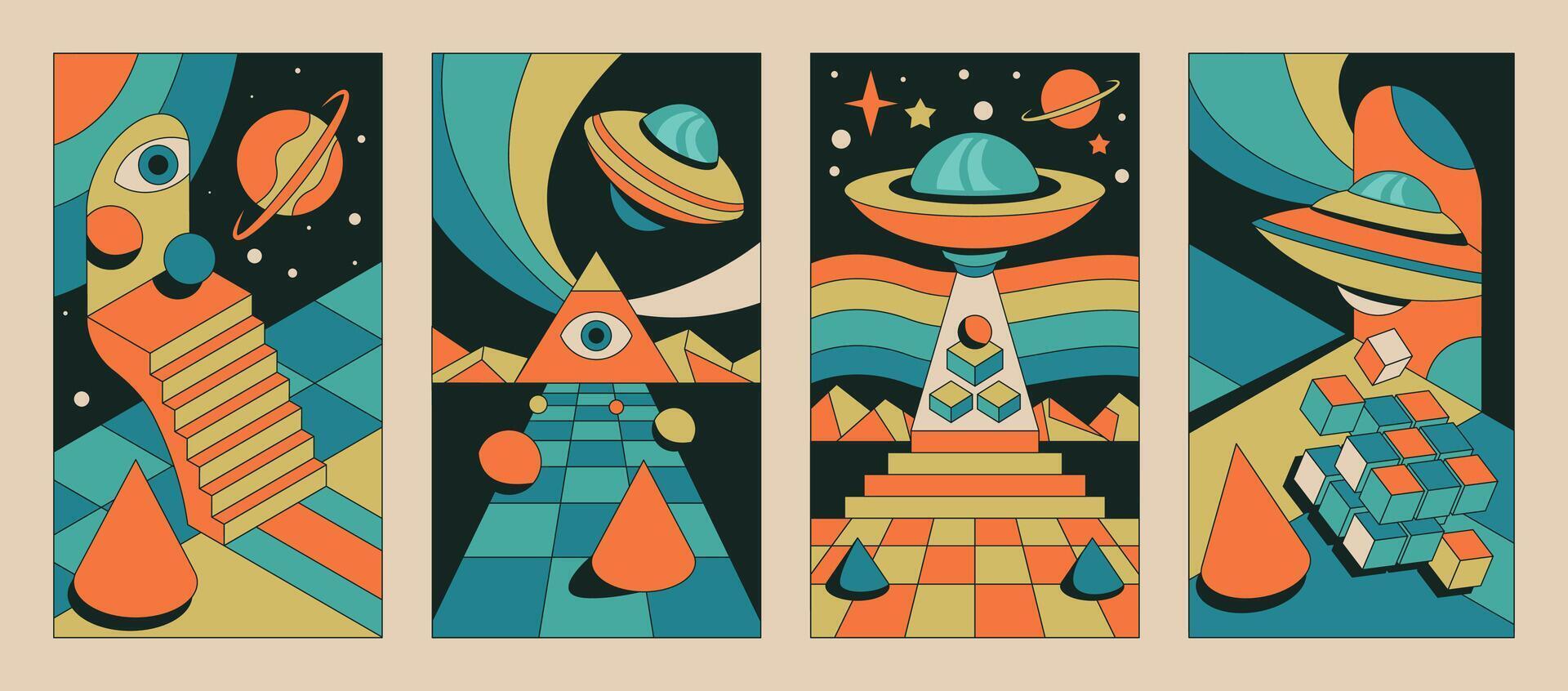 An Abstract Psychedelic Cosmic Journey A Deep and Creative Exploration of Geometric Space Art Concepts vector