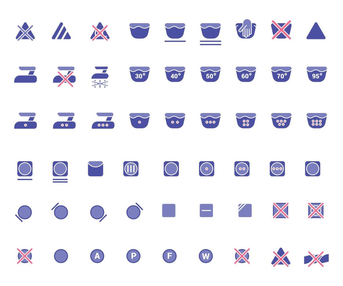 Laundry icons. Care clothes instructions on labels, machine or hand washing signs. Water, ironing and drying temperature symbols collection, textile and fabric types. line items isolated set vector