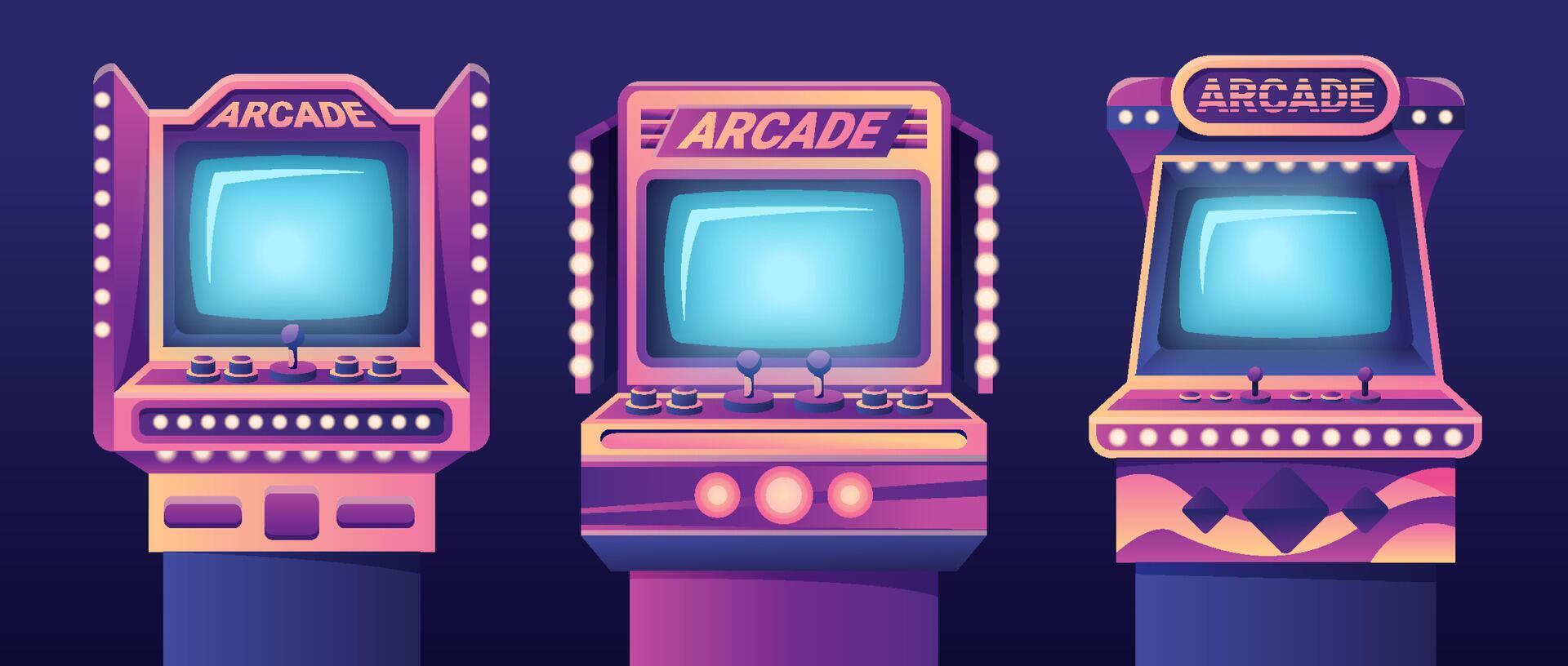 Arcade game machines set isolated on black background. cartoon illustration of retro computer gaming cabinet with buttons, joystick console, coin slots, menu options text on neon display vector