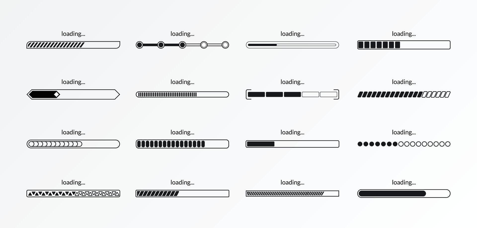 Progress load bar. Indicator of status download. Graphic icons of interface. Neon buttons of speed of upload. Set of web loaders with percent. Futuristic UI for website, game, internet vector