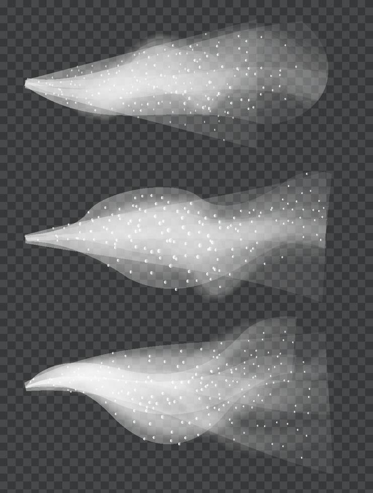 Water spray white smoke or fog dust and dots, mist of atomizer. Trigger Sprayer effect with spray or stream nozzles. Abstract dots clouds, blizzard. 3d elements illustration vector