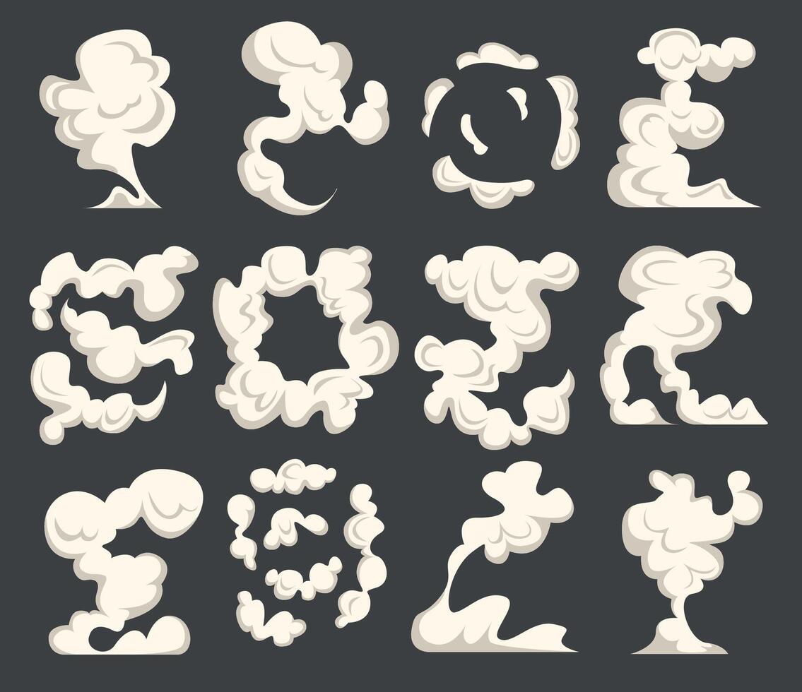Cartoon smoke on wind, smoking comic kit. Explosion effect, cooking fog or fire smokes elements. White motion clouds, snugly steam set vector