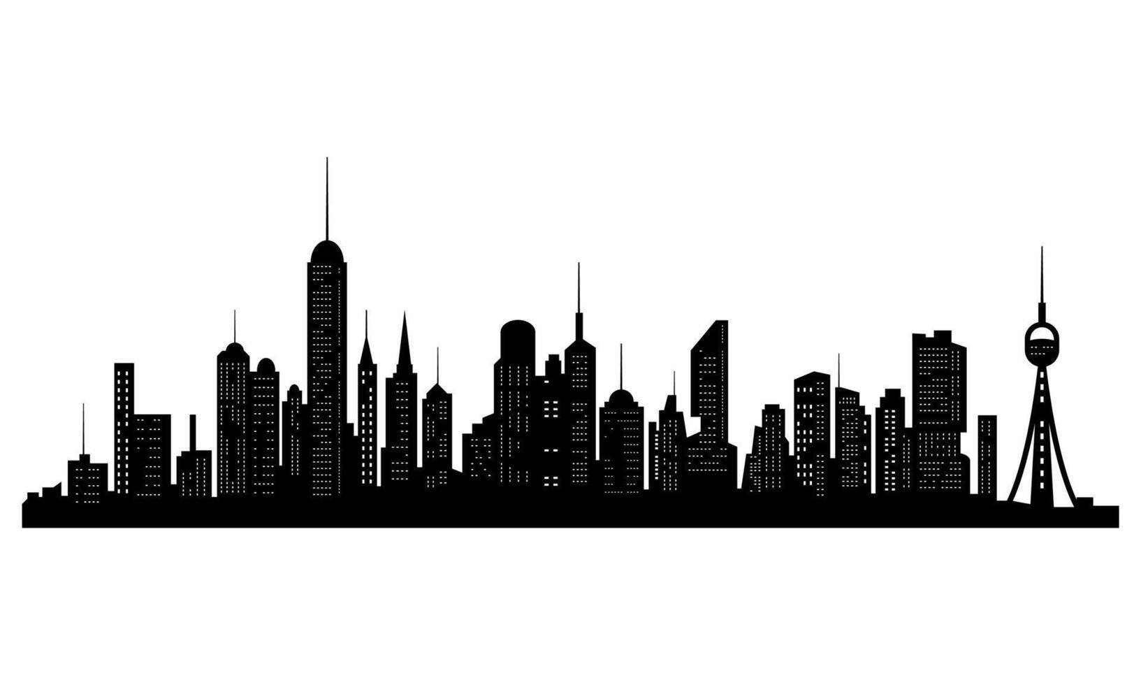 Black cities silhouette. Horizontal skyline in flat style isolated on white. Cityscape with windows, urban panorama of night town. vector