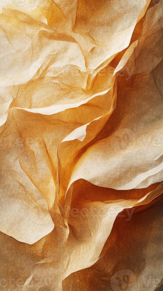 Textured paper folds in warm shades of brown and beige create an abstract visual composition in soft lighting photo