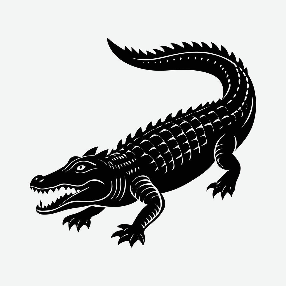 A black and white illustration of an alligator. vector