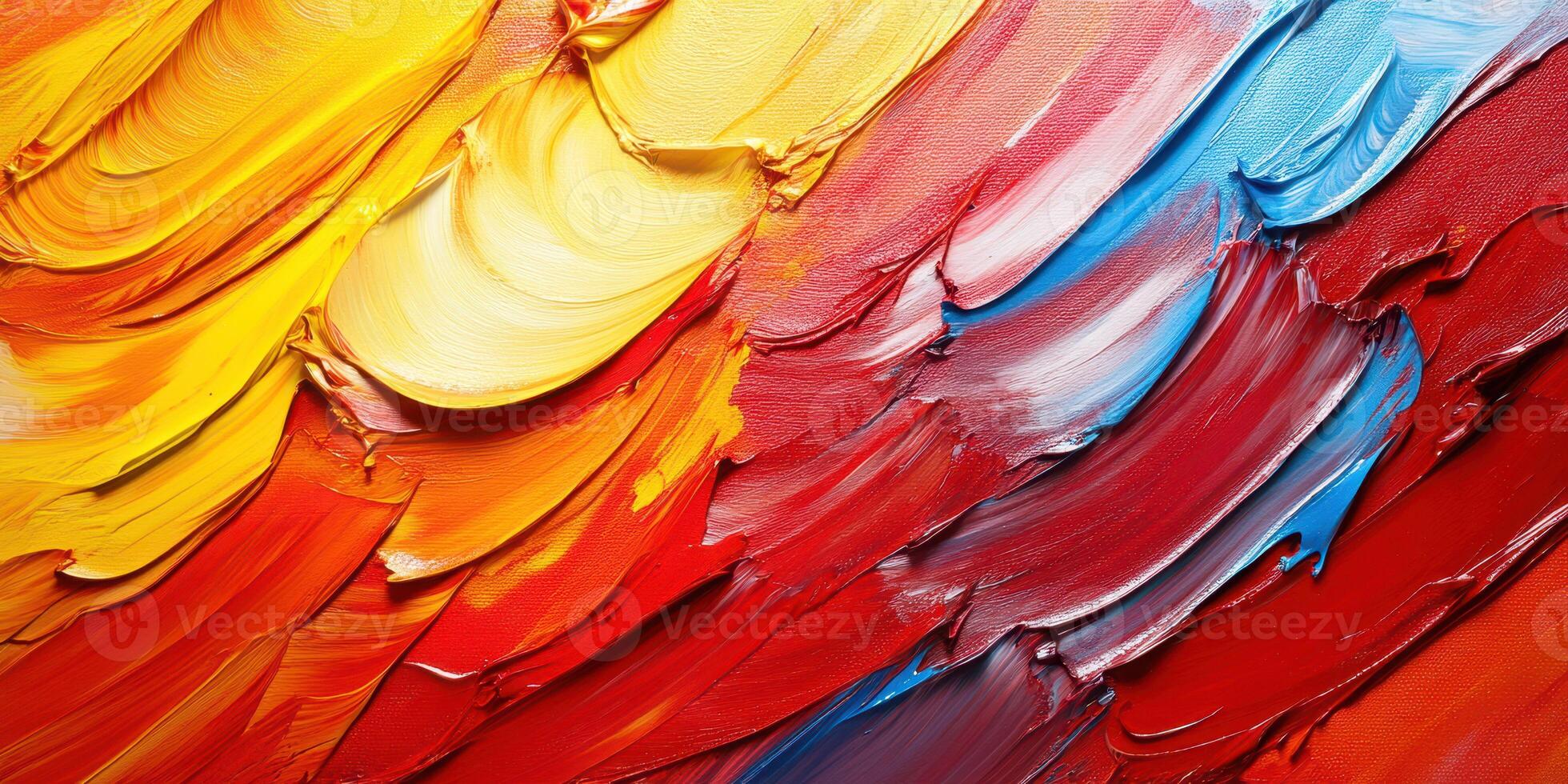 Colorful abstract painting with vibrant strokes blending yellow, red, and blue hues creating dynamic patterns photo