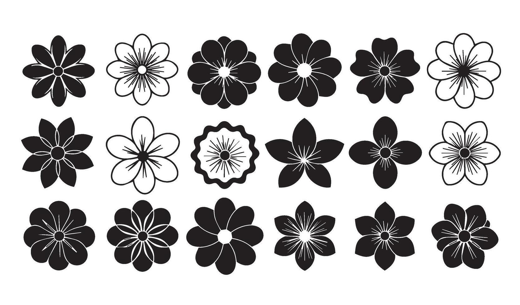 Boho Chic Colorful and Silhouette Groovy Floral Icon Set Featuring Wildflower-Inspired and Ornamental Floral Patterns vector