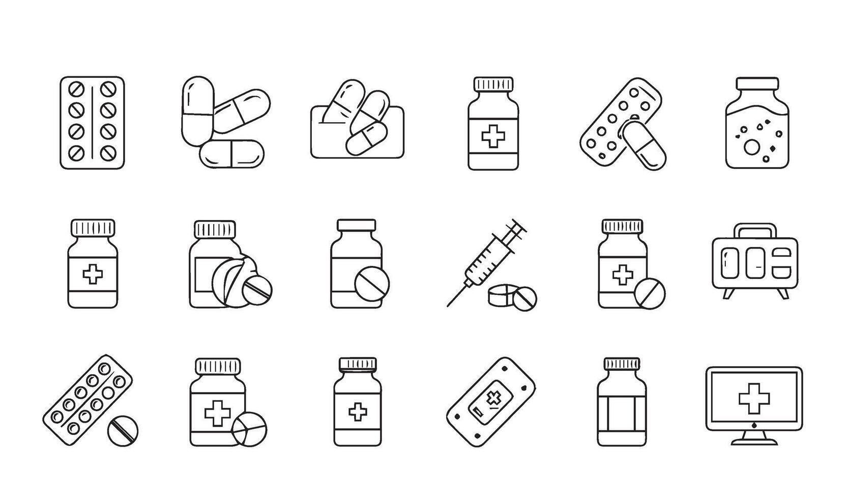 Extensive Set of Hospital Medical Medication and Healthcare Icons Line Art Silhouette Including First Aid Ambulances and Stethoscopes for Creative Healthcare Designs vector