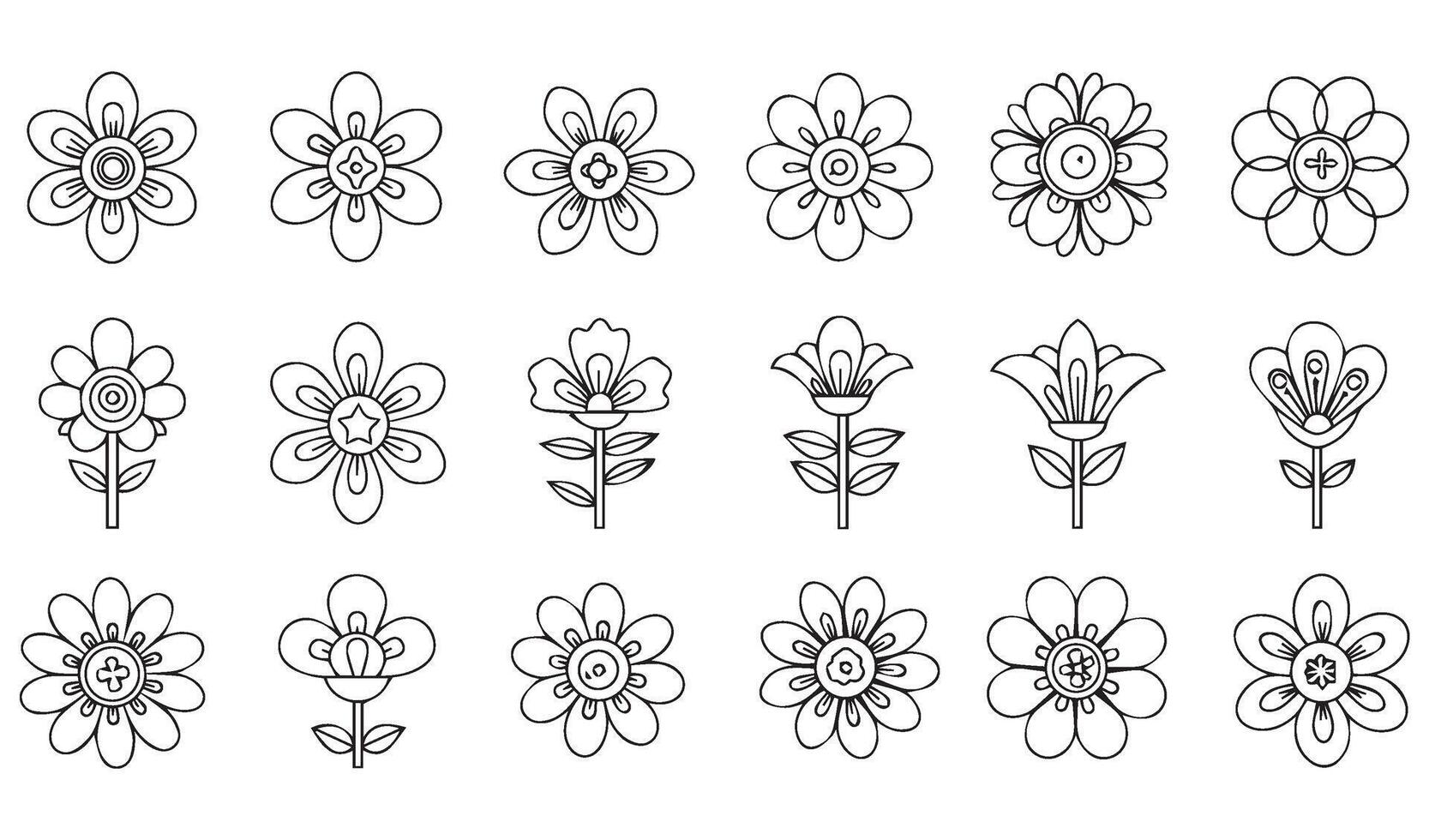 Bold and Expressive Colorful and Silhouette Groovy Floral Icon Set Featuring Vibrant and Monochrome Botanical Elements vector