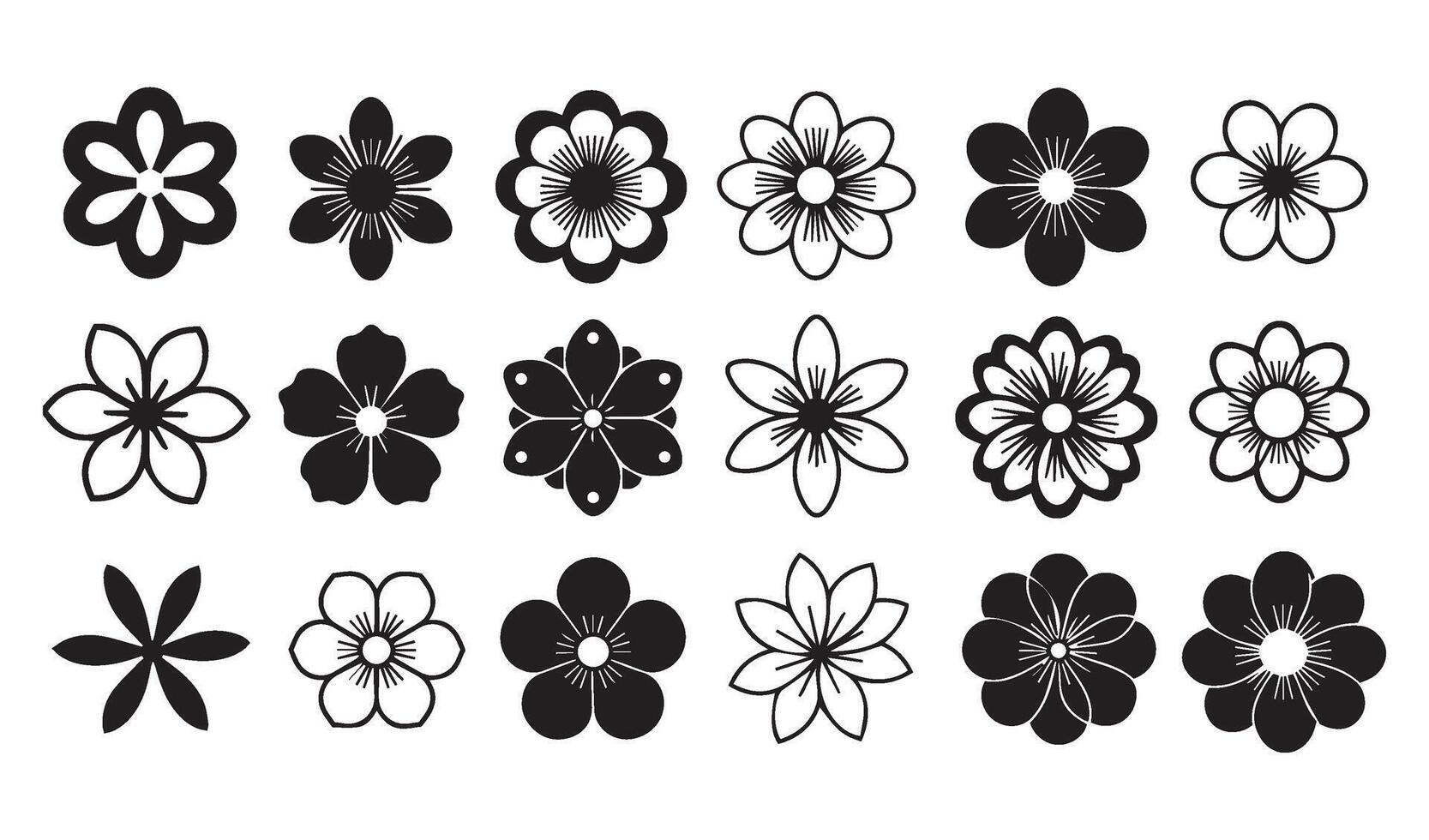 Diverse Colorful and Silhouette Groovy Floral Icon Set with a Mix of Hand-Drawn and Abstract Botanical Elements for Stylish Creations vector