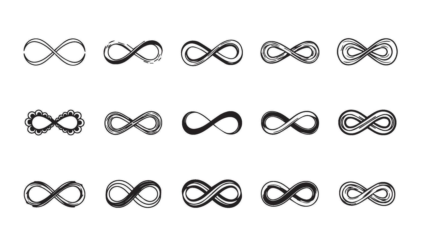 Creative Doodle Flower Infinity Symbol Icon Line Art Set Silhouette Including Hand-Sketched and Abstract Floral Infinity Shapes for Artistic Expression vector