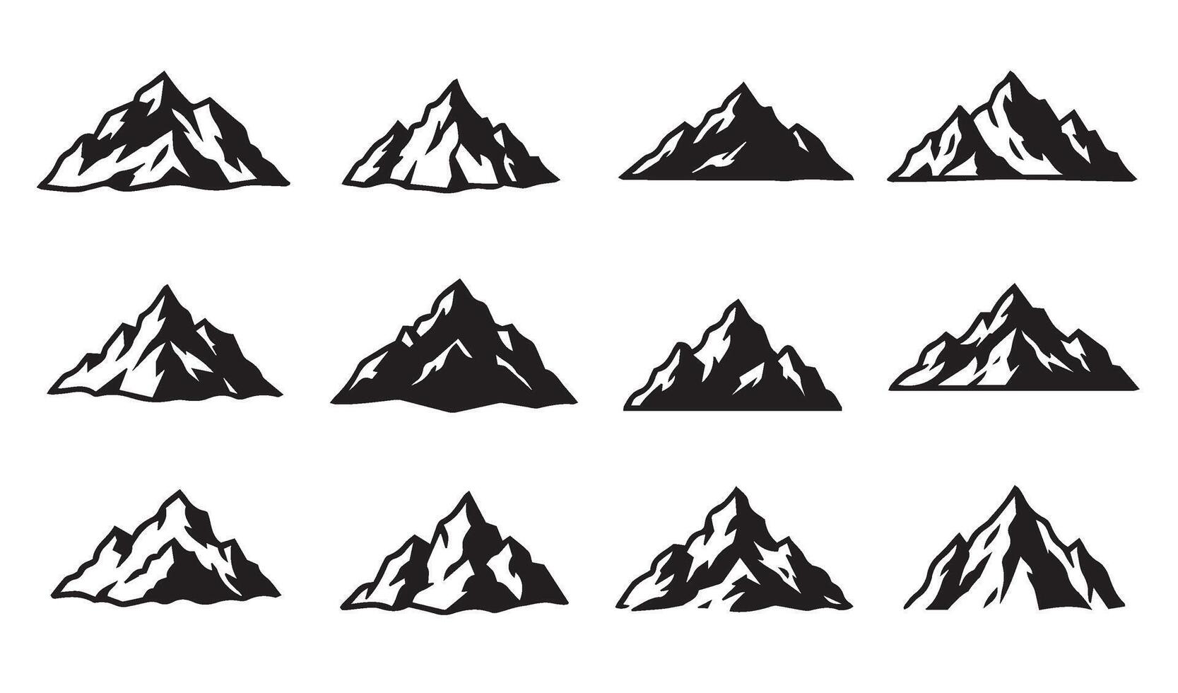 Stylized Mountain Line Art Icon Silhouette Set Showcasing Snow-Capped Peaks and Rugged Landscapes for Adventure and Travel Designs vector