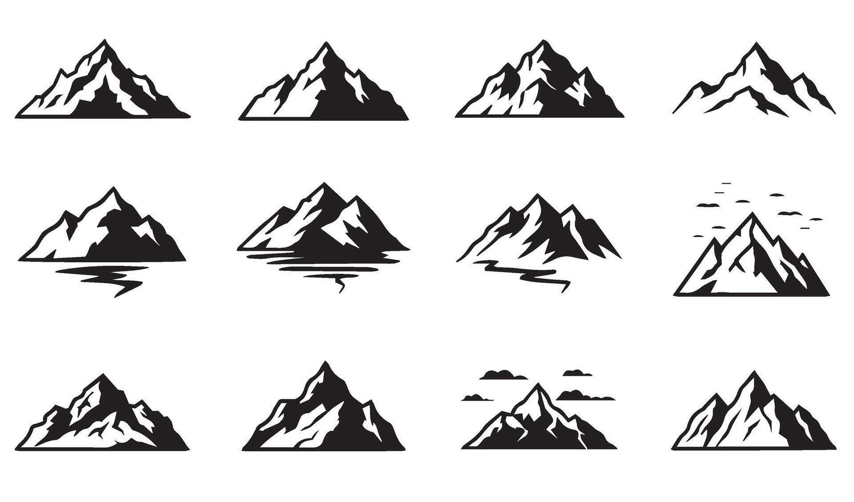 Modern Mountain Line Art Icon Silhouette Set Including High-Contrast Designs for Travel Adventure and Exploration Concepts vector