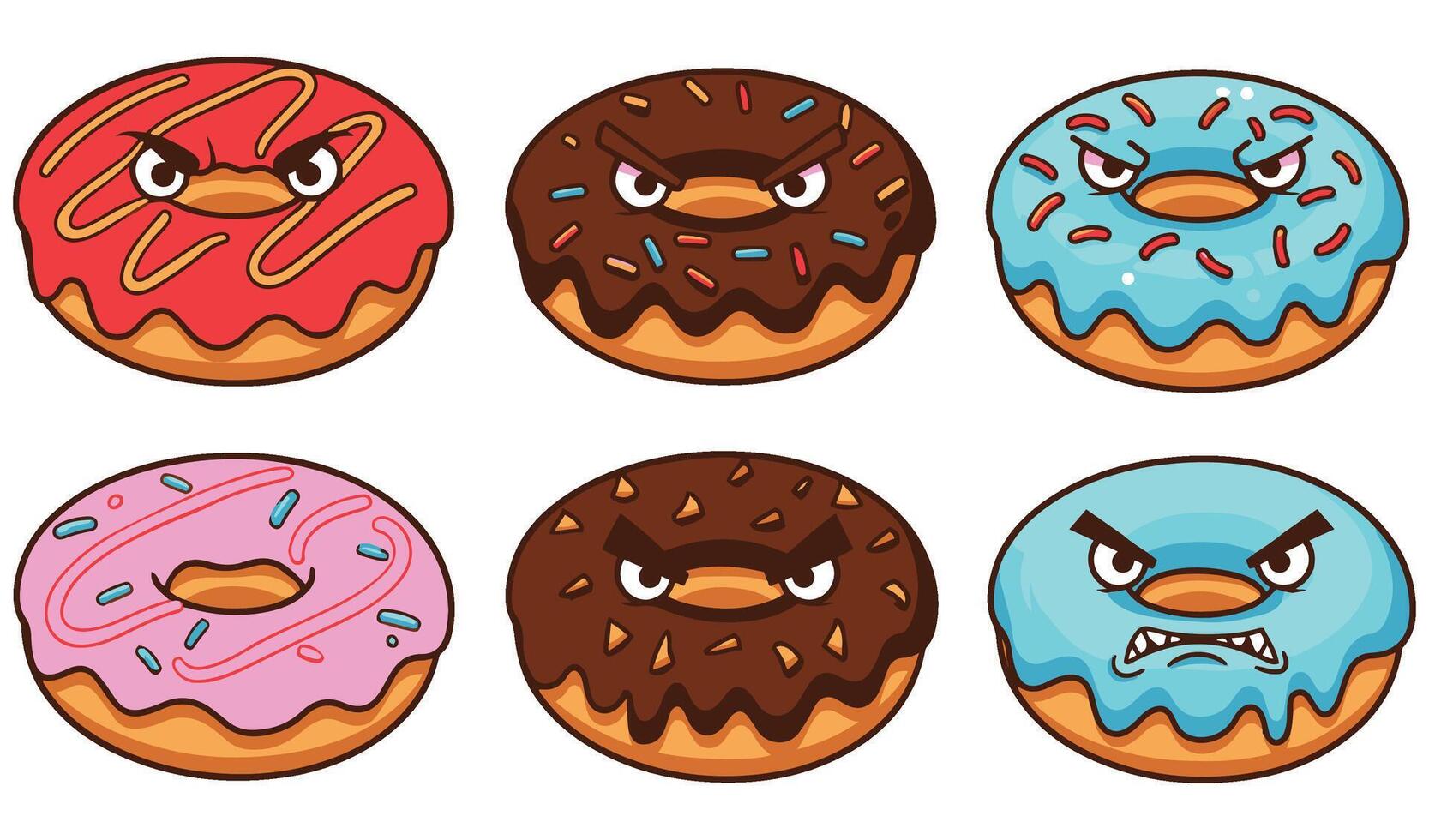 Angry Donut Icon Set Featuring Cute Cartoon Style Kawaii Food with Chocolate Pink and Blue Glazed Sprinkles and Funny Emoji Faces for Sweet and Tasty Vectors Illustrations